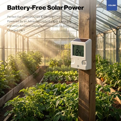 YoLink Outdoor Solar Thermometer Hygrometer, Long-Range with LCD Display, Solar-Powered, Weatherproof Monitoring for Greenhouse, Porch & Shed, Hub Required, YS8002