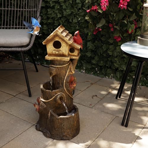 Alpine Corporation ZEN552 Outdoor Multitiered Birdhouse with Cardinal and Squirrels Water Floor Fountain for Patios, Gardens, and Yard Decor, 24" H, Brown - style: Tree and Cardinal Birdhouse