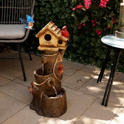 Alpine Corporation ZEN552 Outdoor Multitiered Birdhouse with Cardinal and Squirrels Water Floor Fountain for Patios, Gardens, and Yard Decor, 24" H, Brown - style: Tree and Cardinal Birdhouse
