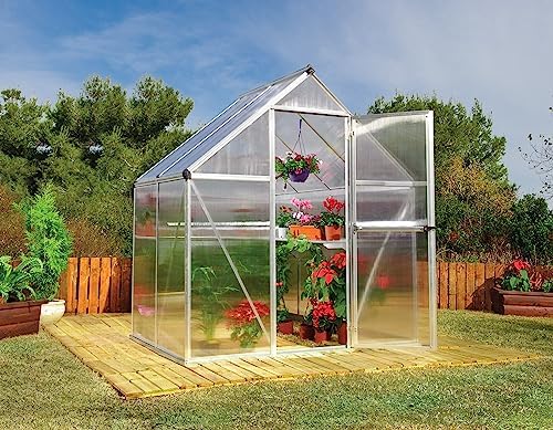 Canopia 6x4 Greenhouse Kit, Hobby Walk-In Twin-Wall UV Polycarbonate Heavy Duty Aluminum Frame, Lockable Door, Adjustable Roof Vent, Rain Gutters, Galvanized Steel Base, Canopia Mythos (Silver) - color: Silver, size: 6 Ft. x 4 Ft.