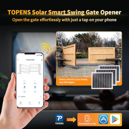 TOPENS XD852S Smart Gate Opener for Heavy Duty Solar Dual Swing Gates Up to 18ft per Arm, Automatic Gate Opener with App Control AC Powered Remote Control Kit Solar Panel Included