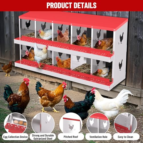 Heavy-Duty Galvanized Steel Chicken Nesting Box – 10 Large Vented Compartments, Rollout Egg Collection, Rustproof, Wall-Mount, Easy Clean – Red - color: Red, size: 10-Holes