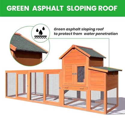 122" Large Chicken Coop Wooden Backyard Hen House - Indoor Outdoor Poultry Pet Hutch Garden Backyard Cage 2 Story Poultry Cage with Run, Chicken Nesting Box, Pull Out Trays and Anti-Slip Asphalt Ramp - color: Natural