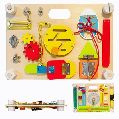 Montessori Busy Board for Toddlers 3-5, Large Wooden Sensory Board with 20+ Learning Activities, Fine Motor Toy, Double-Sided Travel Busy Board for Preschool Boys & Girls - style: Double Sides Busy Board