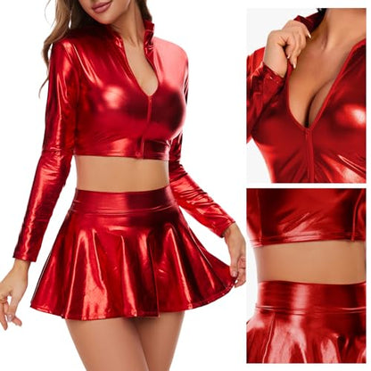 Kepblom Women's Metallic Crop Top Long Sleeve Mock Neck Turtleneck Holographic Zip Up Blouses - color: Red, size: X-Small