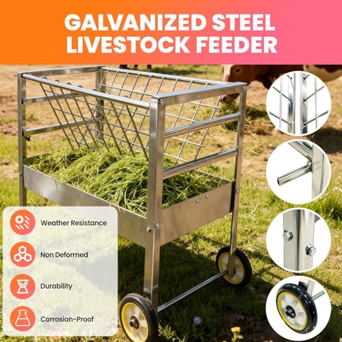 Goat Feeder with Wheels, 2-in-1 Galvanized Steel Livestock Feeder with 50 Gallon Grain Pan, Heavy Duty Hay Feeder for Goats, Pasture Horses & Pig Feeder, Silver (Silver) - color: Silver