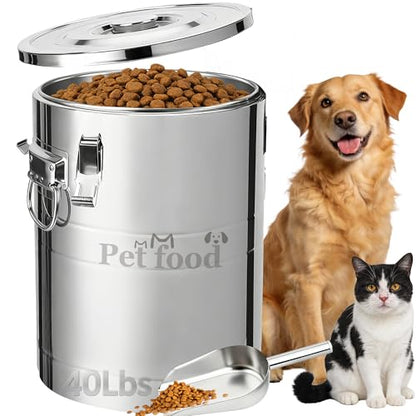 Newget 40 Lbs Stainless Steel Dog Food Storage Container, Large Airtight Pet Food Storage Bin with Lid to Keep Fresh, Metal Container with Scoop for Dog, Cat, Bird Seed, Rice, Grain & Kitchen Pantry - size: 40 lbs
