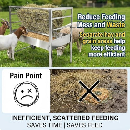 Wheeled Livestock Feed Trough, Galvanized Steel Hay Rack with Waste Reduction Tray, 2-in-1 Feeder for Goats Sheep and Lambs in Pasture