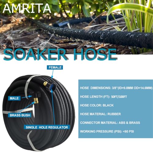 AMRITA Soaker Hose KIT,3/8inch 100ft Rubber Garden Hose 70% Water Saving,Black Heavy Duty Soaker Hose For Garden Lawn,Garden Raised Beds.(3/8-100FT) - color: 3/8"×(100FT)