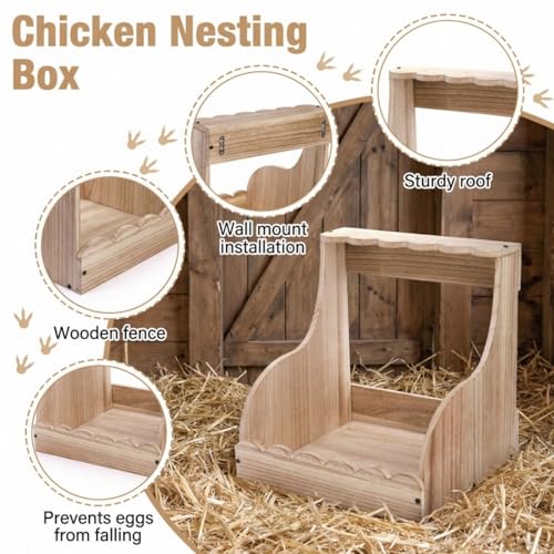 Tlence Single Compartment Hens Nesting Box, 14.5 x 13.75 x 13 Inch Wood Chicken Laying Eggs Boxes, Large Heavy Duty Chicken Coop Nest Box Accessories for Duck Birds Poultry, Easy Assembly