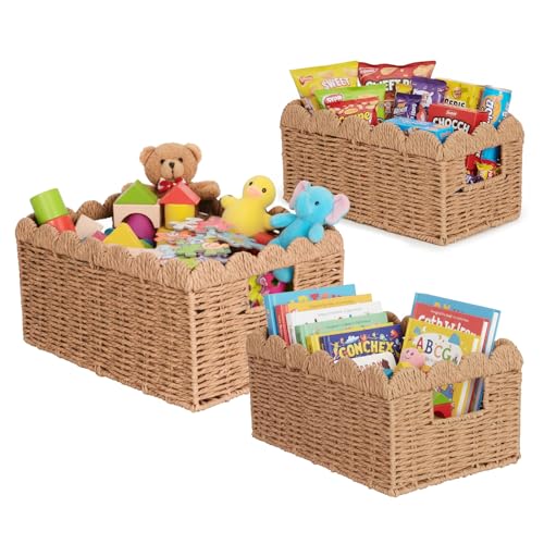 3 Pcs Scalloped Wicker Baskets, Hand-woven Storage Baskets with Built-in Handles, Paper Rope Shelf Baskets for Organizing and Decoration, Brown Basket - color: Handles-Brown