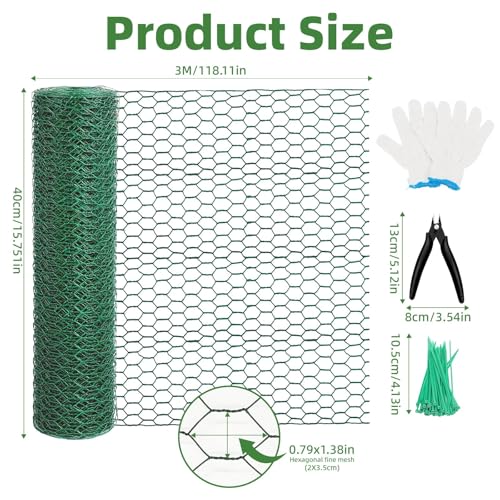 Chicken Wire for Floral Arrangements - Hexagonal Galvanized PVC Coated Poultry Wire Mesh Netting with Gloves, Wire Cutter & Zip Ties for Crafts, Poultry, Gardening Fence (15.7 x 118 lnches) - size: 15.7 x 118 lnches
