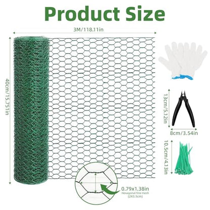 Chicken Wire for Floral Arrangements - Hexagonal Galvanized PVC Coated Poultry Wire Mesh Netting with Gloves, Wire Cutter & Zip Ties for Crafts, Poultry, Gardening Fence (15.7 x 118 lnches) - size: 15.7 x 118 lnches