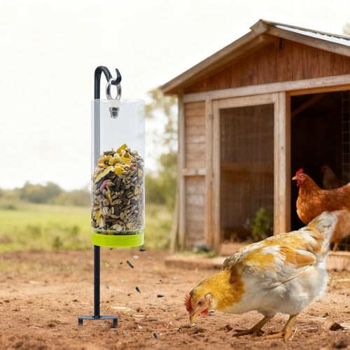 Chicken Toys for Coop, Transparent Plastic Swing Treat Dispenser with Metal Ground Stake Pole, Chicken Enrichment, Enrichment Toys for Hen, Duck, Goose and Other Poultry