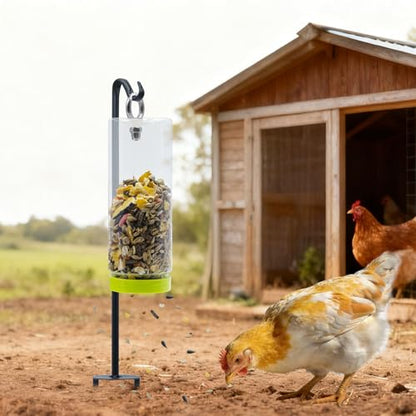 Chicken Toys for Coop, Transparent Plastic Swing Treat Dispenser with Metal Ground Stake Pole, Chicken Enrichment, Enrichment Toys for Hen, Duck, Goose and Other Poultry