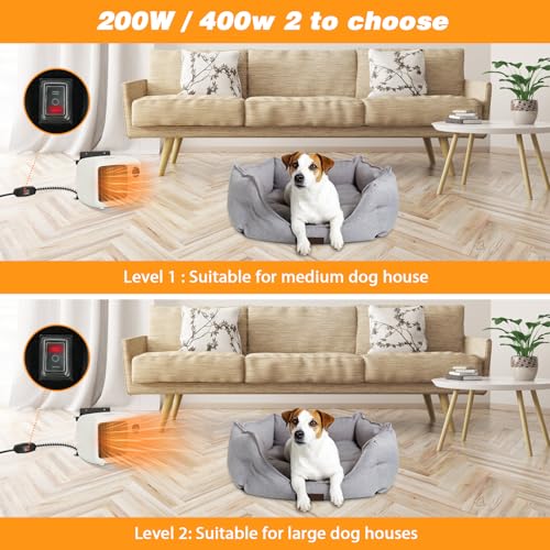 Dog House Heater with Thermostat,Wall-Mounted Dog Heater with 6.5FT Bite Proof Wire,Heaters for Dogs House with Safe Overheat Protection(2 Heating Mode200W/400W)-White - color: White
