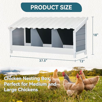PETSFIT 3 Holes Chicken Nesting Box-All Weather PVC Roof, Natural Wood Design with Privacy Back Panel for Hens-Wall Mounted or Floor Use in Coops, Farms, Backyards,Easy to Assemble and Clean - size: 3 Holes