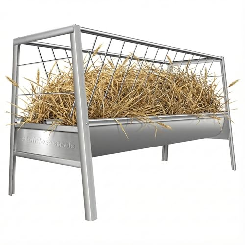 85 Gallon Goat Hay Feeder, 5 FT Stainless Steel Pasture Livestock Feeder, 2 in 1 Hay Rack and Feed Pan Design for Sheep, Goats, Mini Horses, Outdoor Farm Use