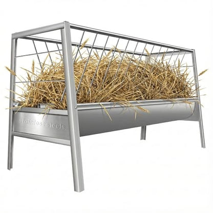 85 Gallon Goat Hay Feeder, 5 FT Stainless Steel Pasture Livestock Feeder, 2 in 1 Hay Rack and Feed Pan Design for Sheep, Goats, Mini Horses, Outdoor Farm Use