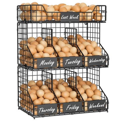 X-cosrack Egg Holder Countertop, 3 Tier Egg Rack with Labels Dividers to Separate Eggs, Stackable Wire Baskets for Fresh Egg, XXL Egg Dispenser for Countertop/Wall-Mounted (Patent Pending) - color: Black