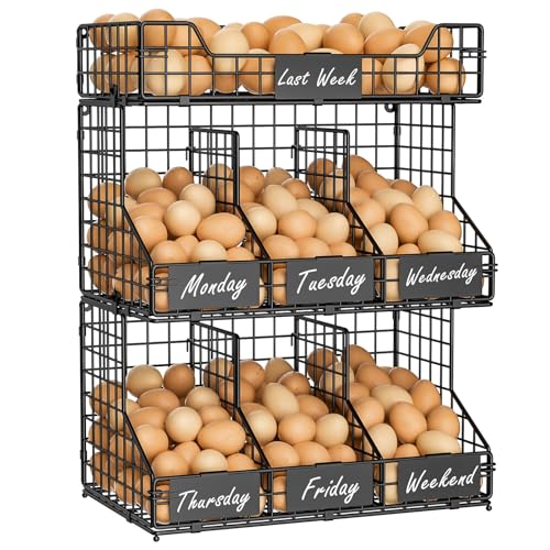 X-cosrack Egg Holder Countertop, 3 Tier Egg Rack with Labels Dividers to Separate Eggs, Stackable Wire Baskets for Fresh Egg, XXL Egg Dispenser for Countertop/Wall-Mounted (Patent Pending) - color: Black