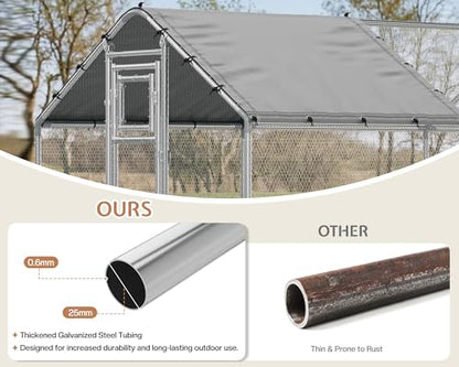 32×10 FT Extra Large Walk-in Chicken Coop, Spire Roof Chicken Run with Cover, Front & Rear Doors, Feeding Door, Roosting Ladder, Galvanized Steel Frame - size: 372.4"L x 118.1"W x 77.6"H