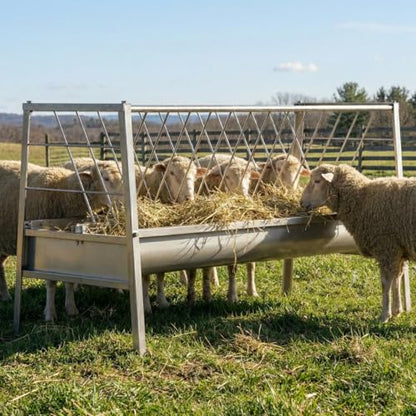 62" L Goat Hay Feeder 92 Gallon Stainless Steel Feeder for Goats | 2-in-1 Hay & Grain Large Capacity for Sheep, Horses | Freestanding Outdoor Farm Livestock Feeder, Easy Assembly