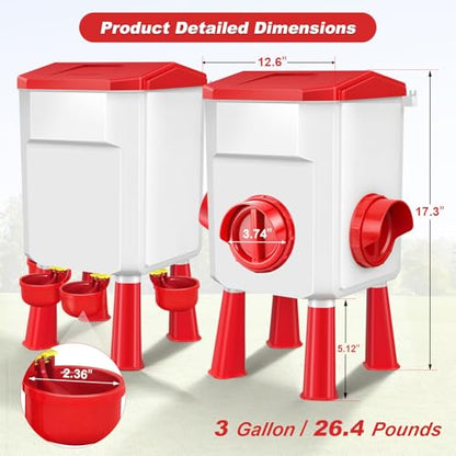 Chicken Feeder and Waterer Set 3 Gallon/26.4 Pounds, Automatic Chick Feeder and Waterer Set No Waste, Poultry Feeder Large for Hens/Ducks/Poultry - color: Red