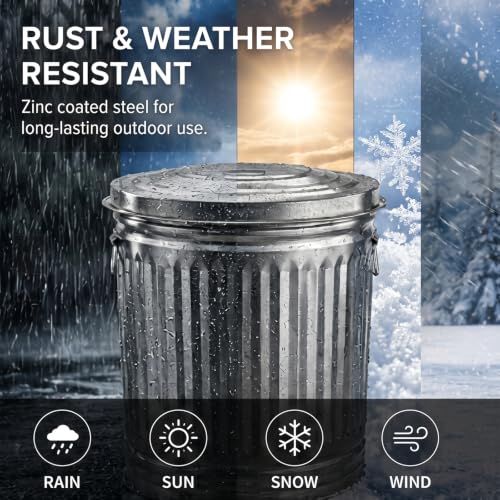 31 Gallon Metal Trash Can, Galvanized Steel Trash Can with Locking Lid – Outdoor & Indoor Heavy-Duty Garbage Can, Rodent & Rust Resistant, Ideal for Yard Waste, Pet Food Storage, and More