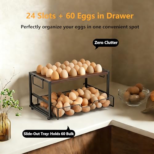 2-Tier Wooden Egg Holder Countertop with Basket – Holds 24+60 Chicken, Duck & Quail Eggs, Easter Eggs – Compact Countertop Holder with Carry Handle for Easy Transport - size: 2 Tiers