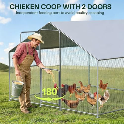 Large Metal Chicken Coop with Run, Walkin Poultry Cage for 10 Chickens with Full-coverage PE Roof, Waterproof & Anti-UV Cover, Double Lockable Doors, Outdoor Hen/Duck/Rabbit House (9.8 x 6.6 x 6.6 FT) - size: 118.1"L x 78.7"W x 78.7"H