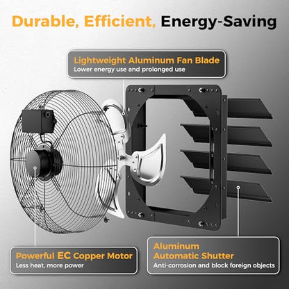 CAMMOO 16 Inch Exhaust Fan, 1550 CFM, with Temp Humidity and Speed Control | 10-Speed EC Motor Attic Fan with Thermostat, 6 Inch Large Touchscreen Controller, for Greenhouse, Garage Ventilation