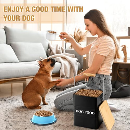 Tioncy 2 Pcs Metal Dog Food Storage Containers Total 10-14 Lbs (50 Cup) Capacity, Airtight Pet Food Canister with Bamboo Lids Scoop DIY Labels Dog Treat Storage Jars for Kitchen Counter(Matte Black) - color: Matte Black