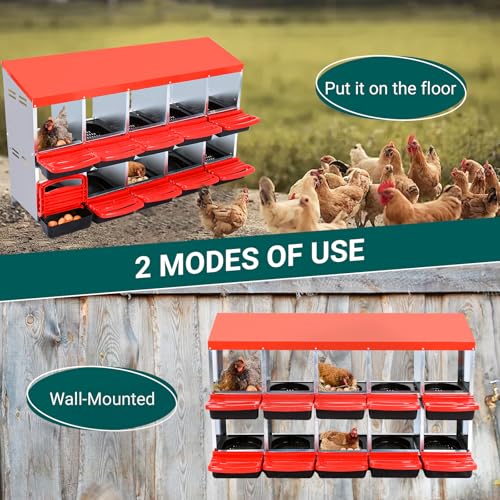 Nesting Boxes for Chickens - 10 Compartment Metal Roll Away Chicken Laying Boxes with Lid Cover, Protect Eggs, Easy Egg Collection, Chicken Nesting Box for Chicken Coop