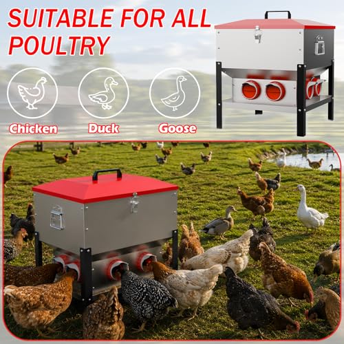 75LB Large Automatic Chicken Feeder with 8 Ports, Dual No Waste Design Metal Chicken Feeders with Locking Lid & Riveted Handles- Waterproof Poultry Feeder for Chickens, Ducks, Geese - size: 8 Ports