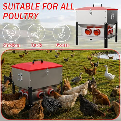75LB Large Automatic Chicken Feeder with 8 Ports, Dual No Waste Design Metal Chicken Feeders with Locking Lid & Riveted Handles- Waterproof Poultry Feeder for Chickens, Ducks, Geese - size: 8 Ports