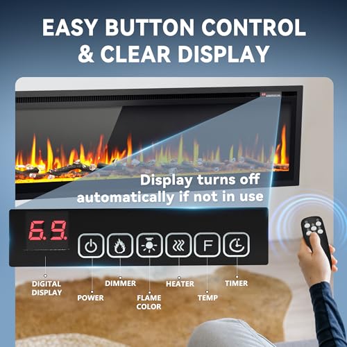 EUHOMY 73 inch Electric Fireplace Recessed Wall Mounted Freestanding with Remote Control, Ultra-thin Fireplace Heater with Adjustable Flame Color, Linear Fireplace with Timer, Log & Crystal, 750/1500W - size: 73 Inch Premium