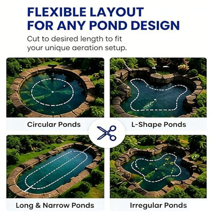 Self Sinking Aeration Hose, 3/8" ID 656FT, Sturdy PVC Line, Packaged with 4 Brass Connectors & 4 Stainless Clamps for In-ground Ponds, Home Garden and Small Farm Water Bodies