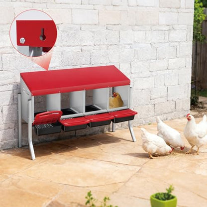 4 Hole Chicken Nesting Box - Heavy Duty Metal Chicken Laying Box, Easy Egg Collection & Cleaning with Removable Tray for Poultry Coop, Backyard, Farm, with Bracket Legs - color: red, size: 4 holes with legs