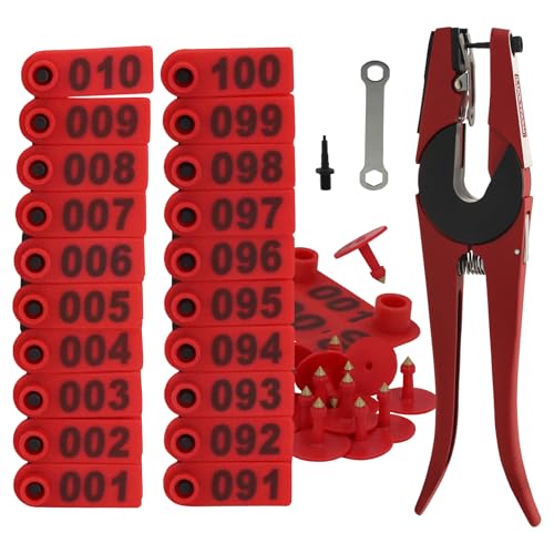 Goat Ear Tags Livestock Ear Tag Pliers Tool, 001-100 Number Plastic Sheep, with Spare Pins Ear Tag Livestock Animal Ear Tagging Pliers for Sheep Pig Dog Deer Farm Horse Cow Cattle (red) - color: Red