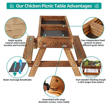 Chicken Table No Waste, Chicken Picnic Feeder Handmade Carbonized Wooden, Large DIY Chicken Feeder Kit, Wild Bird, Duck & Squirrel Feeders, Mesh Bottom Keep Food Fresh and Dry Easy to Clean and Fill - color: Carbonized Solid Wood