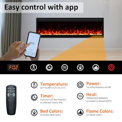 Narrow Frame WiFi Electric Fireplace 78 Inch, Wall Mount or in-Wall Recessed Fireplace Heater, App/Remote Control,Adjustable Flame Effects, 9H Timer & Low Noise, 750W/1500W, Black - size: 78 Inch WiFi