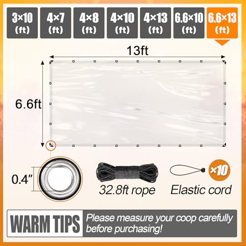 6.6x13ft Chicken Coop Covers Accessories for Winter - Easy to Install Waterproof Chicken Run Tarp with Elastic Cords & Rope