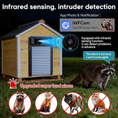 WiFi Automatic Chicken Coop Door with Camera, APP Remote Control, Smart Solar Powered Auto Chicken Door Opener with Timer, Night Vision, Anti-Pinch Safety, Smart Alerts, Space-Saving Roll-Up Design