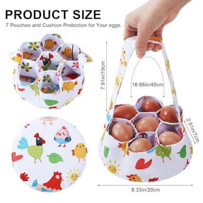 Egg Collecting Basket, Canvas Egg Basket for Gathering with 7 Pouches for Chicken, Duck, Goose, Bird, Various Poultry Collection (Cartoon Chicken Style 2) - style: Cartoon Chicken Style 2