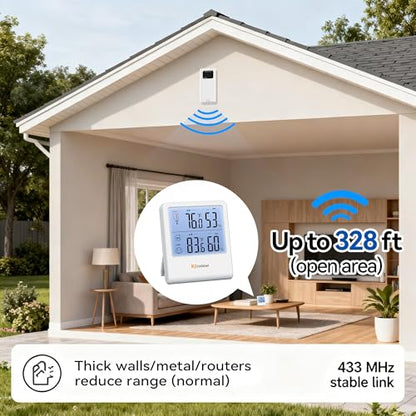 Indoor Outdoor Thermometer Hygrometer, Wireless Digital Temperature & Humidity Monitor with Outdoor Sensor, 328ft Range, Backlight LCD Display for Home, Room, Patio, Battery Included