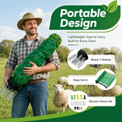 Electric Fence Netting, 164'L x 35.4" H Electric Fence Kit for Livestock, Goat, Dog, Hogs, Double Spiked Portable Electric Poultry Farm Fence, Electric Mesh Fence - size: 164'L x 35.4" H