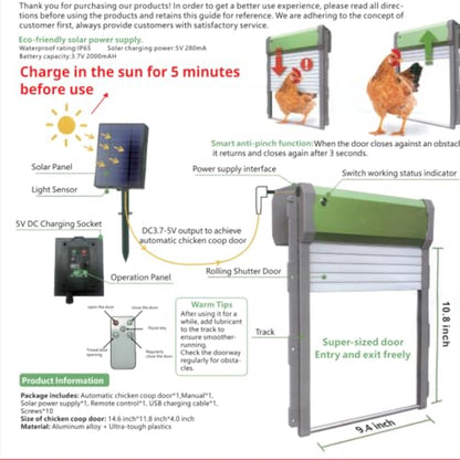Automatic Solar Chicken Coop Door, 4 Modes with Timer Light Sensor 30-40M Remote Control Manual, Anti-Pinch, IP67 Waterproof Aluminum Alloy, Predator Proof Poultry Door for Backyard Farm