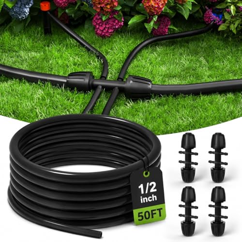 Bonviee 50FT 1/2" Drip Irrigation Tubing with 4-Pack 6-Way Connectors, Flexible Blank Distribution Hose Main Line for Garden Watering System, Raised Beds, Flower & Vegetable Gardens - size: 1/2"-50FT