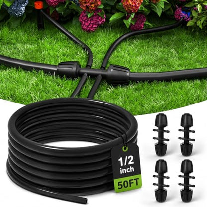 Bonviee 50FT 1/2" Drip Irrigation Tubing with 4-Pack 6-Way Connectors, Flexible Blank Distribution Hose Main Line for Garden Watering System, Raised Beds, Flower & Vegetable Gardens - size: 1/2"-50FT